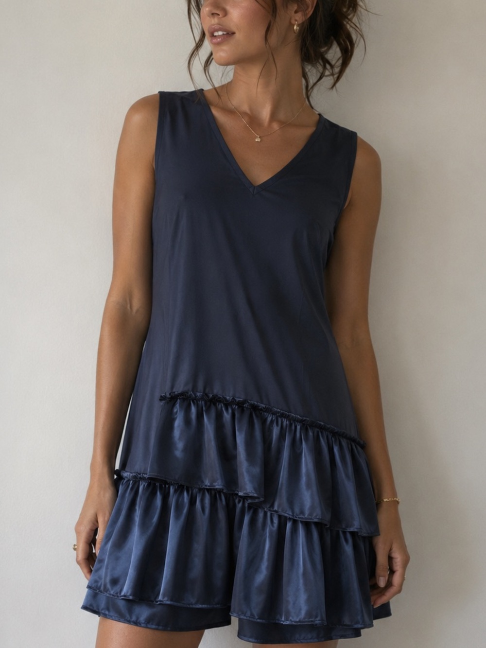 Eliza J Navy‎ Blue Tiered Ruffle Hem V-Neck Sleeveless Dress Size 6